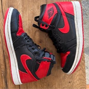 Red black silky satin Nike Air jordans ones high tops kids size 6